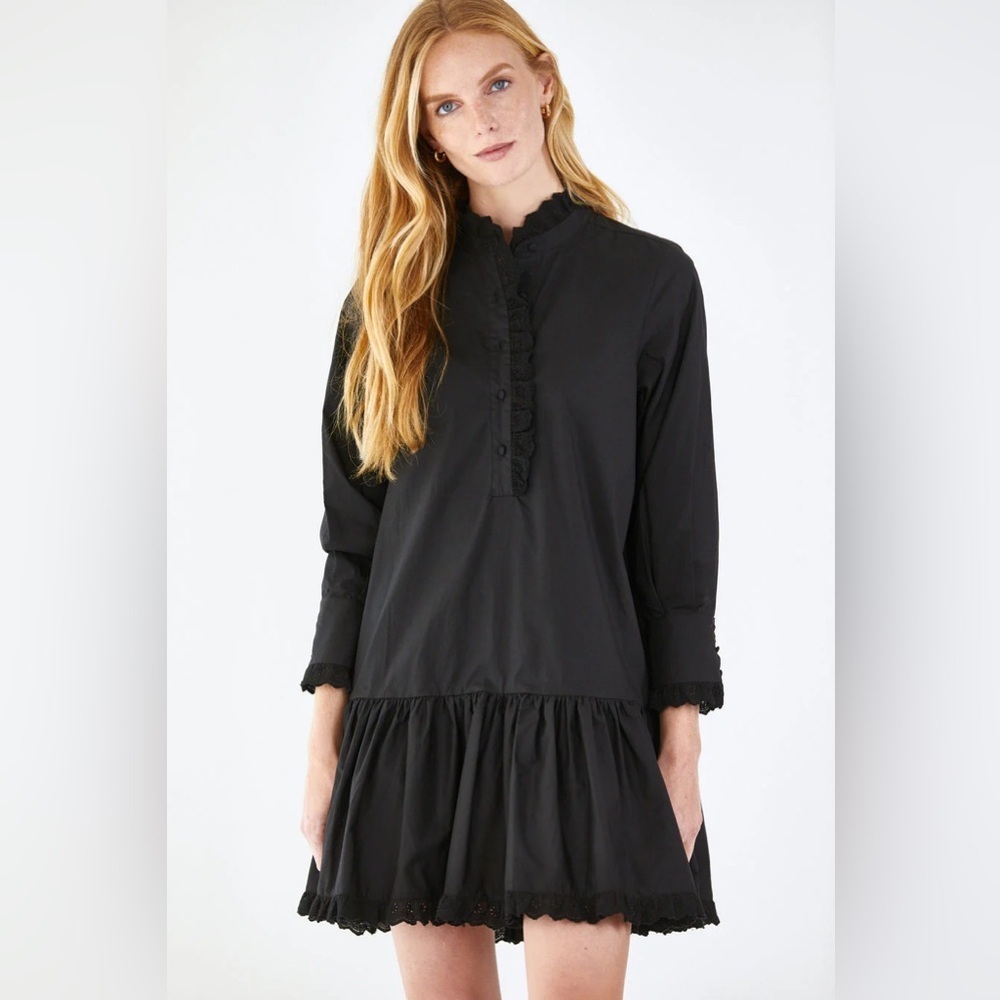 Hunter Bell Carter Mini Dress Lace Cotton Poplin Preppy Dark Academia Black Sz S